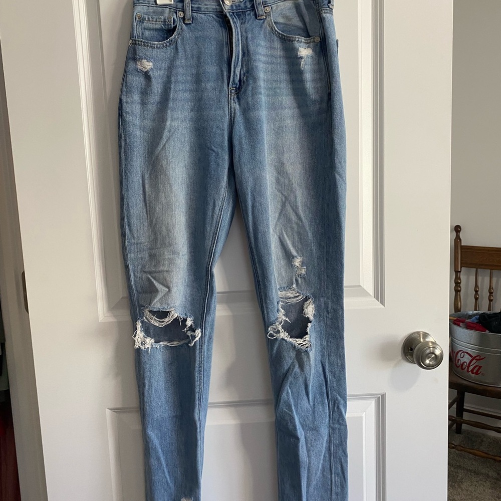 Extra Long American Eagle Outfitters Light Blue Distressed Straight Leg Jeans